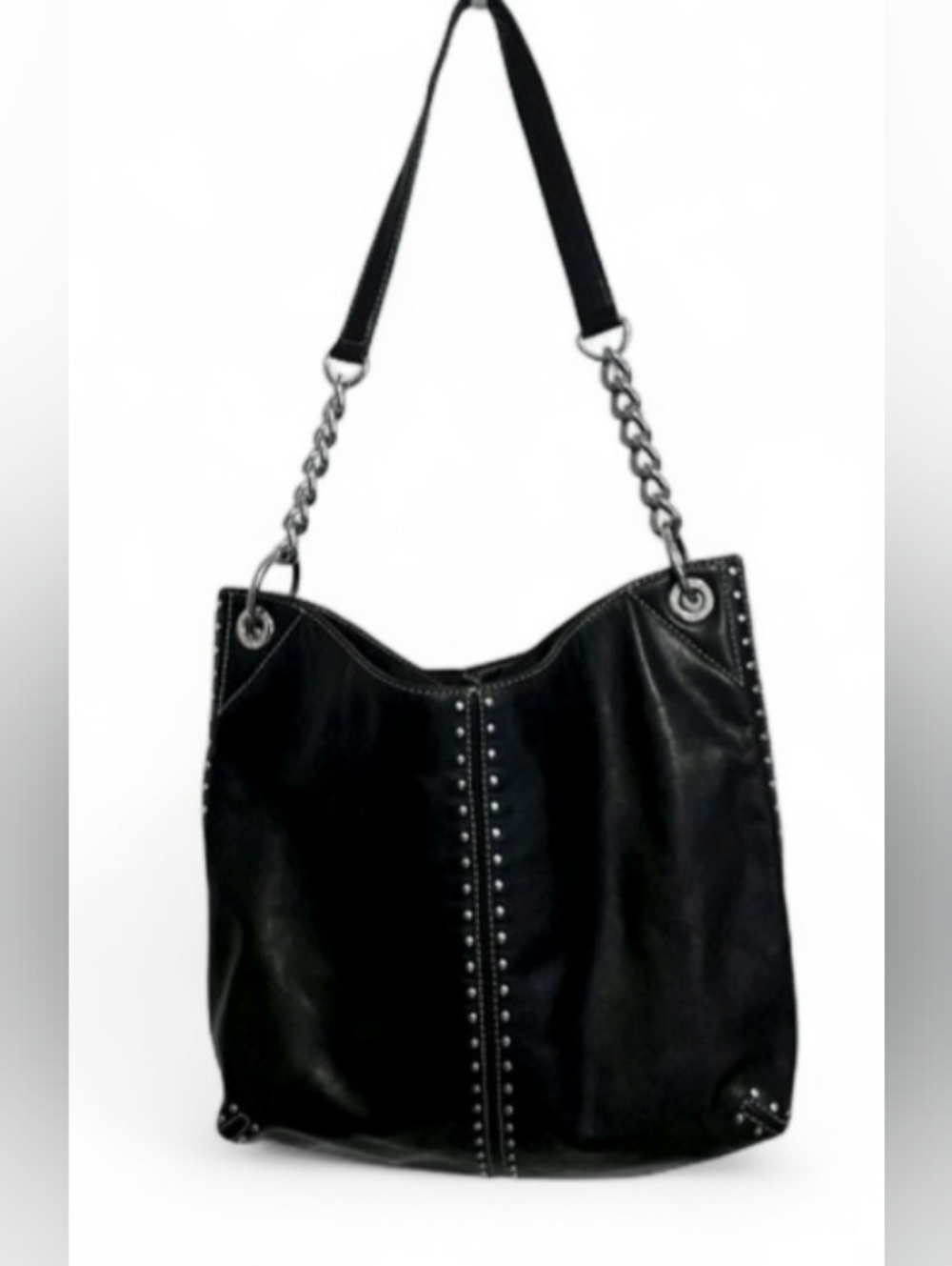 Michael Kors Large Black Stud-Trim Leather Shoulder Bag with Chain Detail
